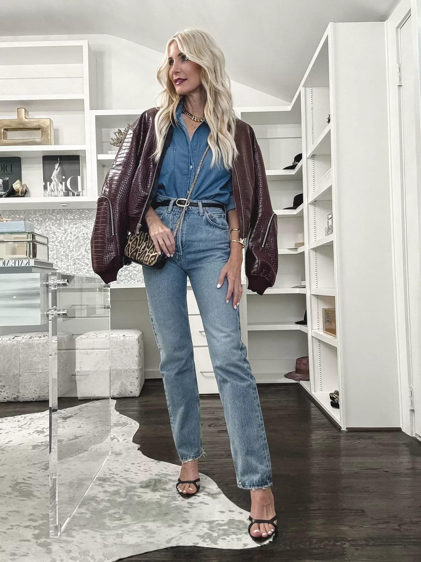 Dallas fashion blogger wearing a croc embossed faux leather jacket in a burgundy shade with a denim shirt and Agolde jeans as one of the most fabulous jackets for fall.