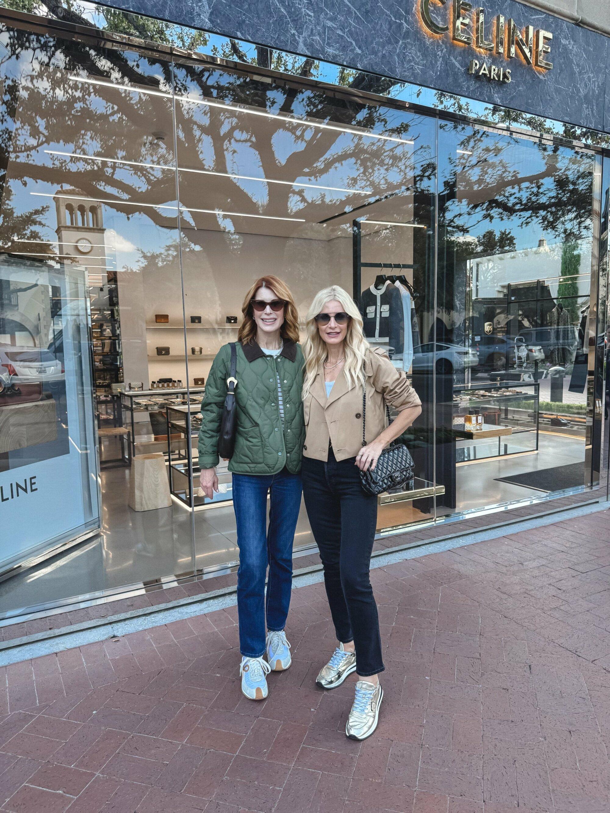 2 Over 40 Dallas women wearing casual chic outfits consisting of cozy jackets, killer denim and sneakers.