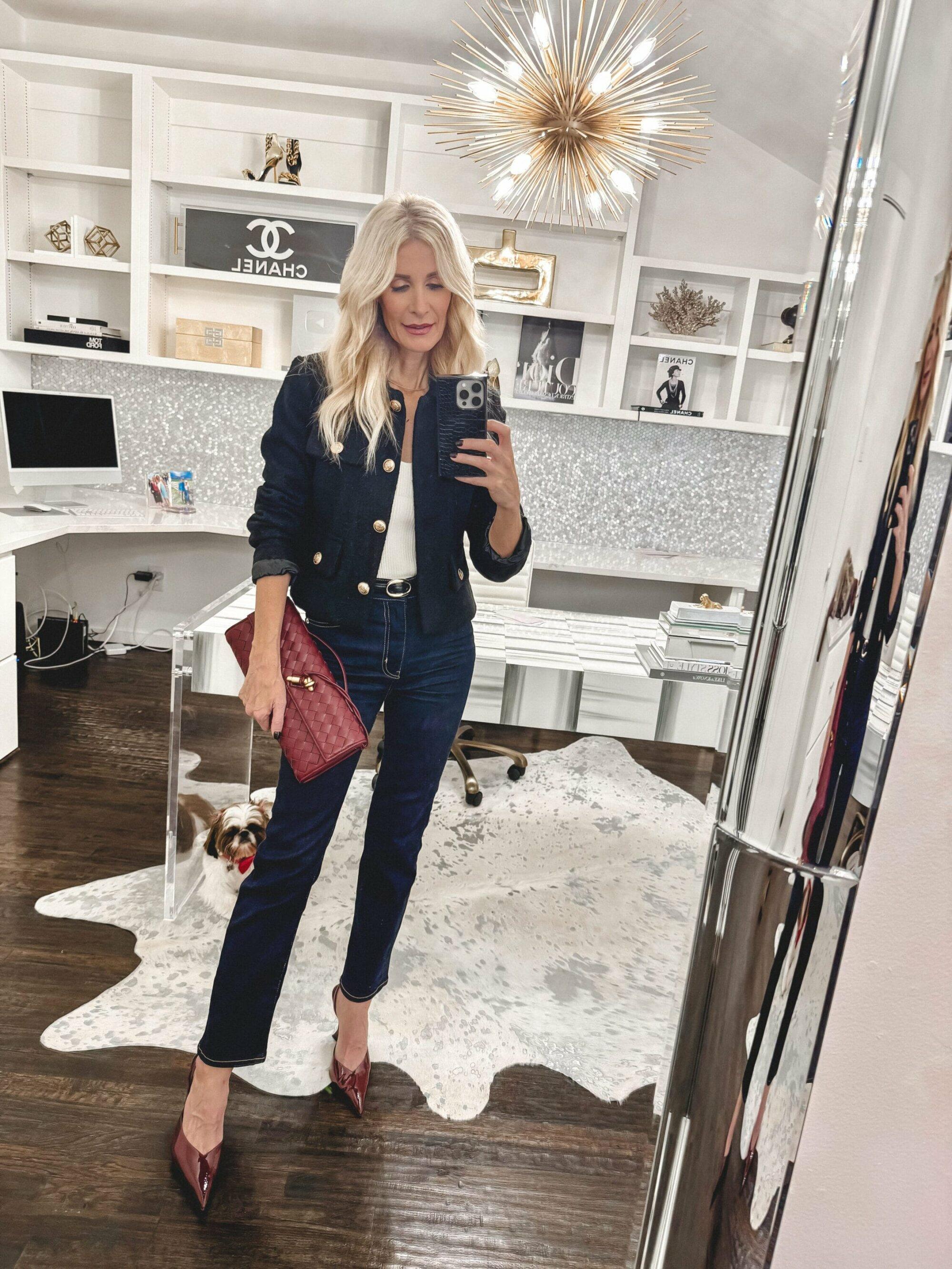 Dallas fashion blogger wearing dark double denim with burgundy heels.