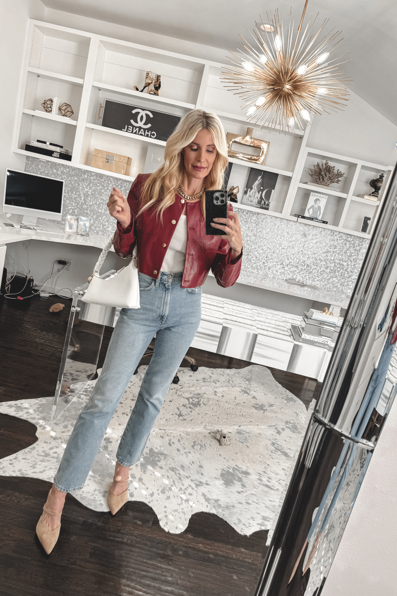 Over 40 Dallas fashion blogger wearing a under $100 cropped leather jacket with straight leg jeans as one of 5 January's Top 5 Best Sellers.
