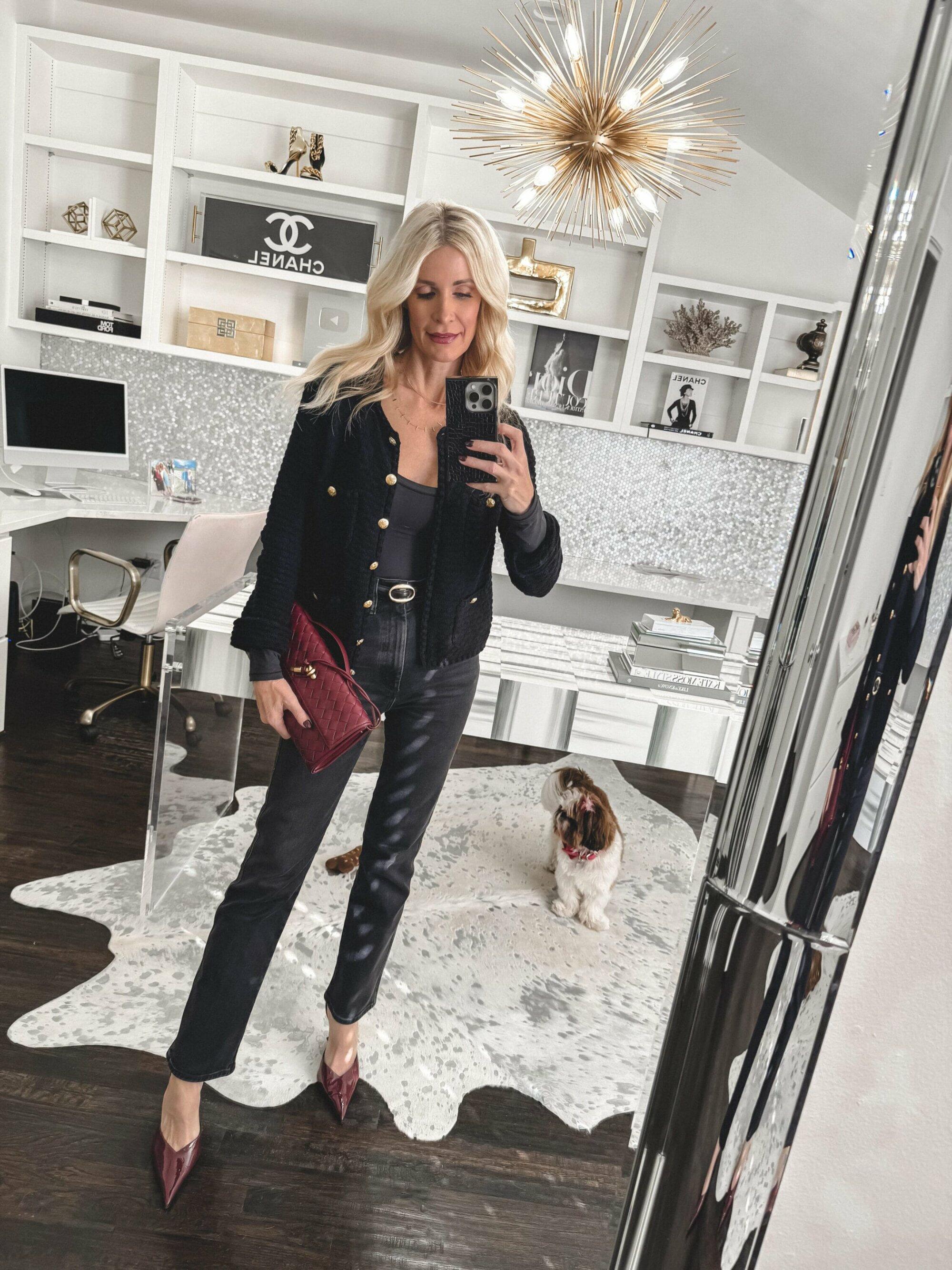Dallas fashion blogger for women over 40 wearing a elevated cardigan with gold buttons as one of 2024's top 10 best sellers