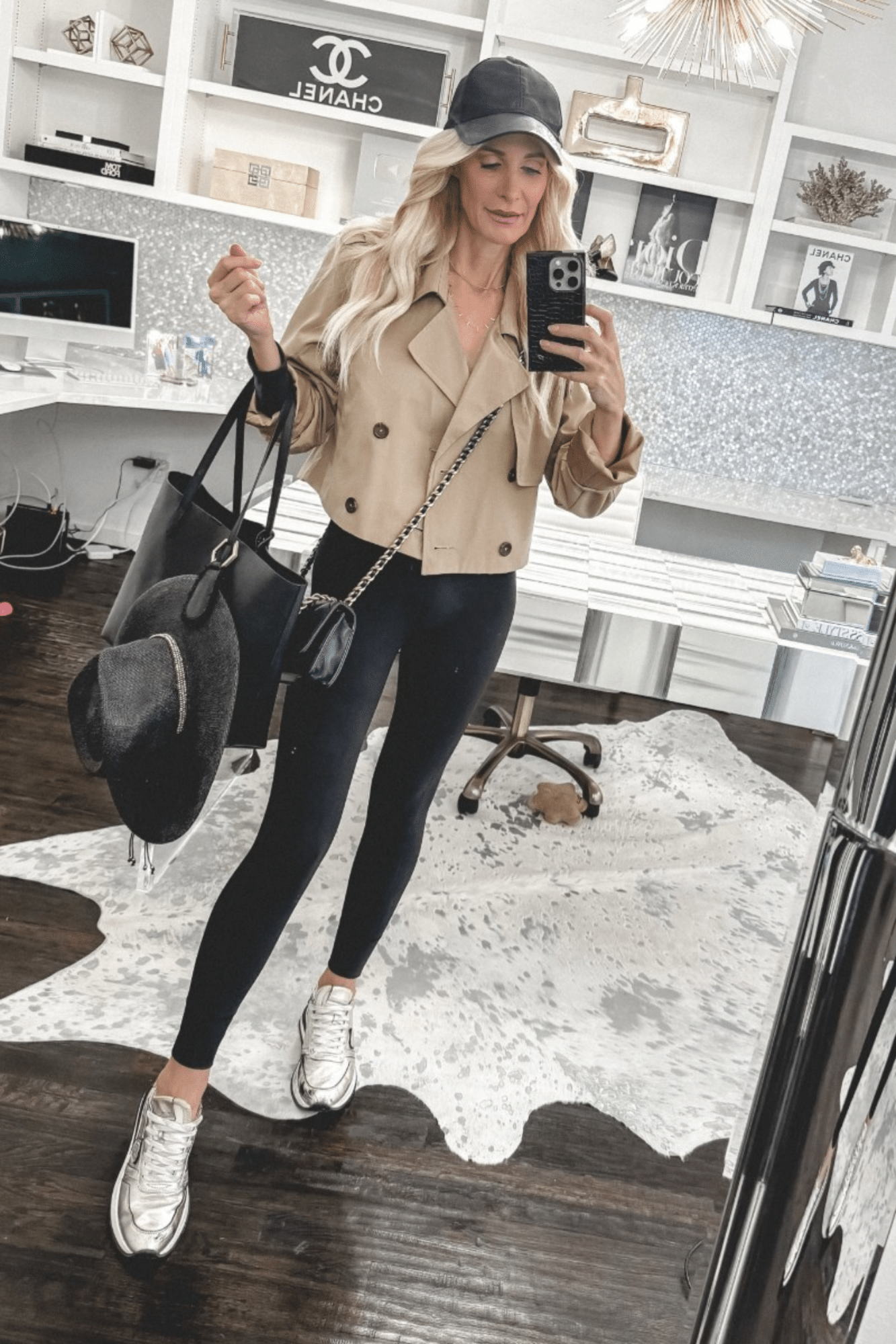Dallas fashion icon wearing the perfect travel outfit of joggers, a cropped trench and metallic sneakers as one of the 5 hottest looks on Instagram.