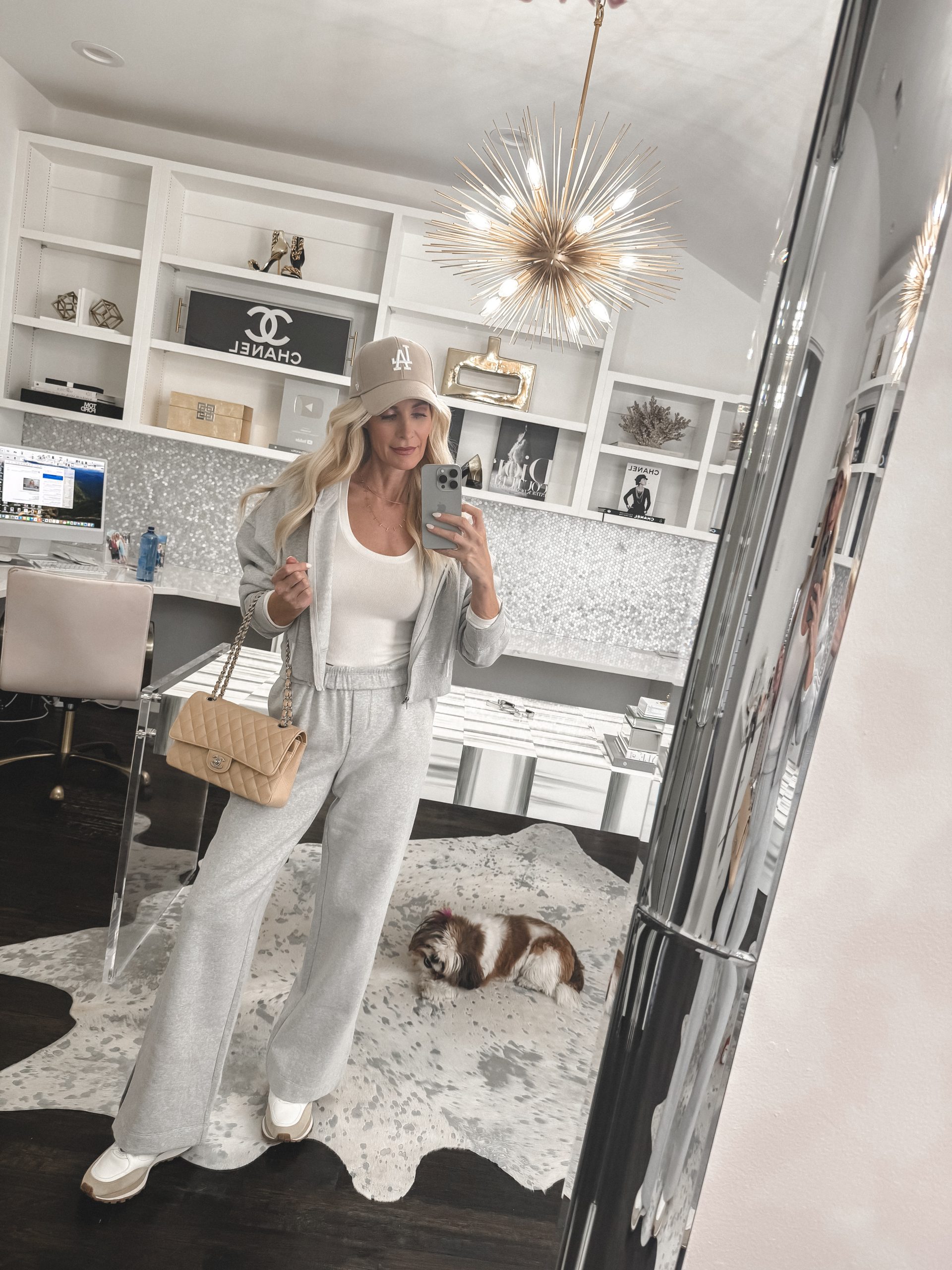Over 40 Dallas fashion influencer wearing a matching sweat set as part of her express haul.