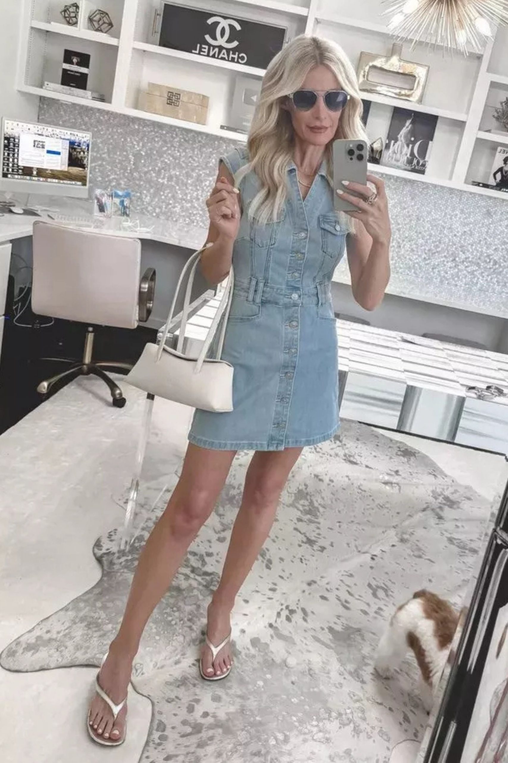 Dallas fashion blogger wearing a denim mini dress with amazon kitten heels which are a better option as opposed to cheap flipflops.