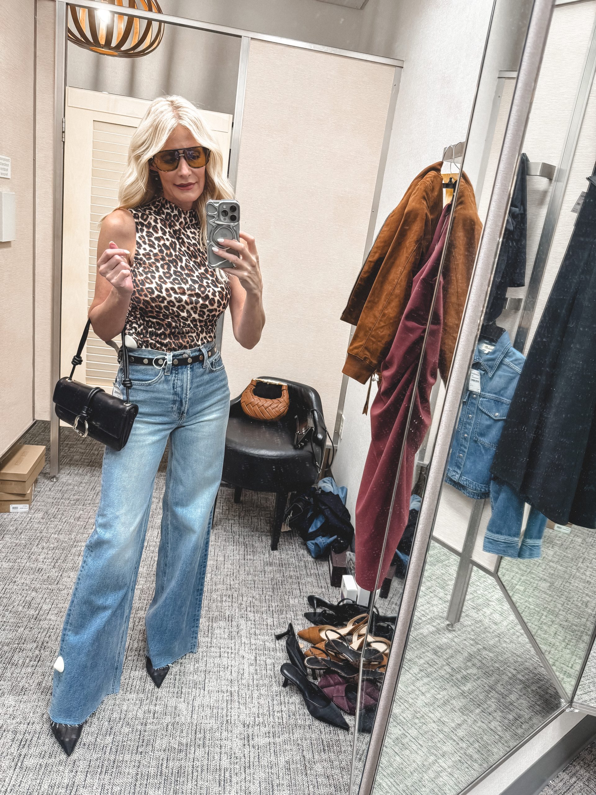 Dallas fashion influencer for women over 40 wearing Tom Ford Sunglasses with a studded belt as 2 of the Best accessories from the Nordstrom Anniversary Sale 2025.