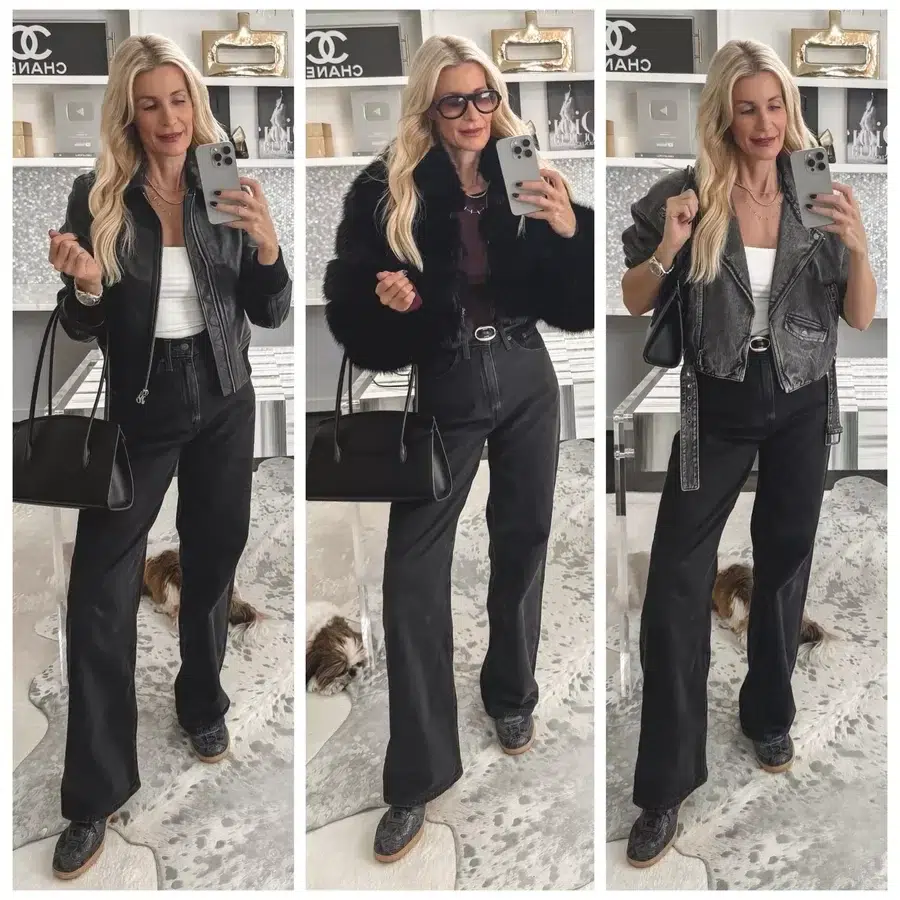 comfortable yet stylish shoes for women over 40 - over 40 Dallas blogger wearing snakeskin Sambas in 3 different looks.