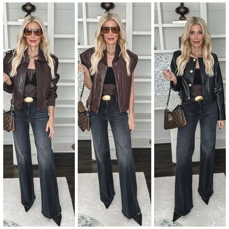Over 40 Dallas fashion blogger wearing wide leg jeans with mesh heels from Dolce vita that are one of 9 comfortable yet stylish shoes for women over 40.