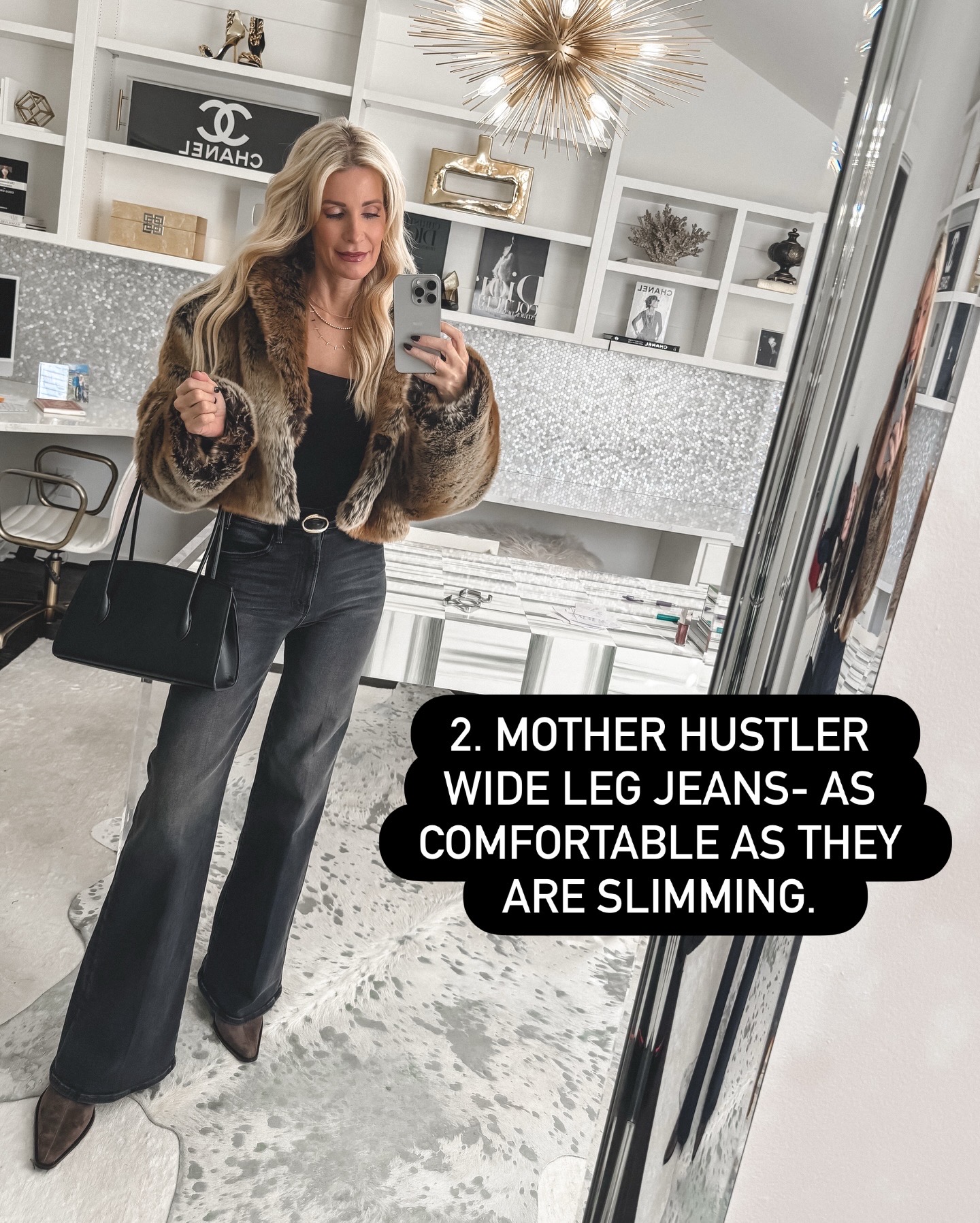Heather Anderson styling Mother Hustler wide leg jeans with a faux fur jacket, a flattering silhouette and one of the best-selling fashion pieces of 2025.