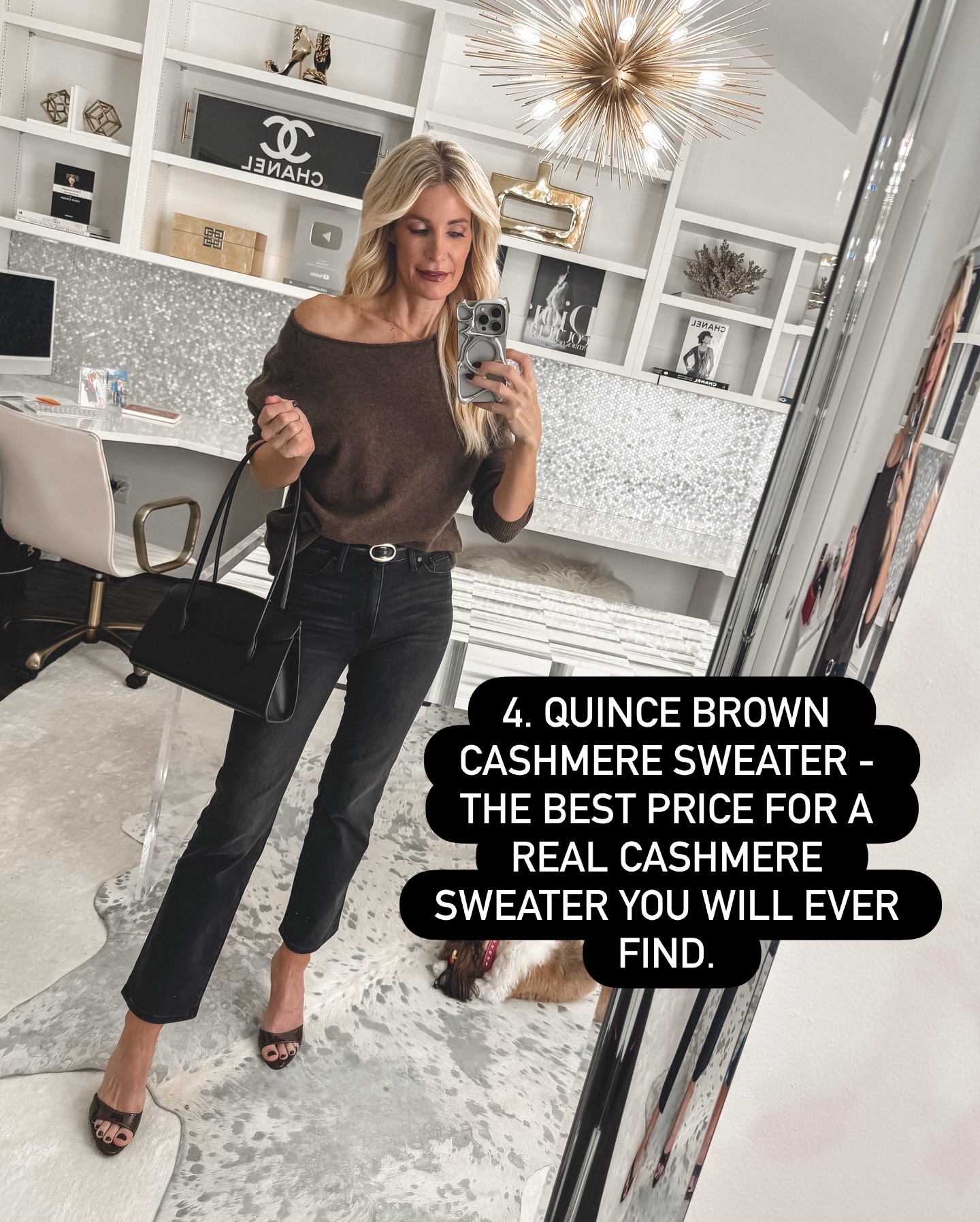Dallas fashion influencer for women over 40 wearing a Quince brown cashmere sweater with black jeans, showcasing one of the best-selling fashion pieces of 2025 for women over 40.