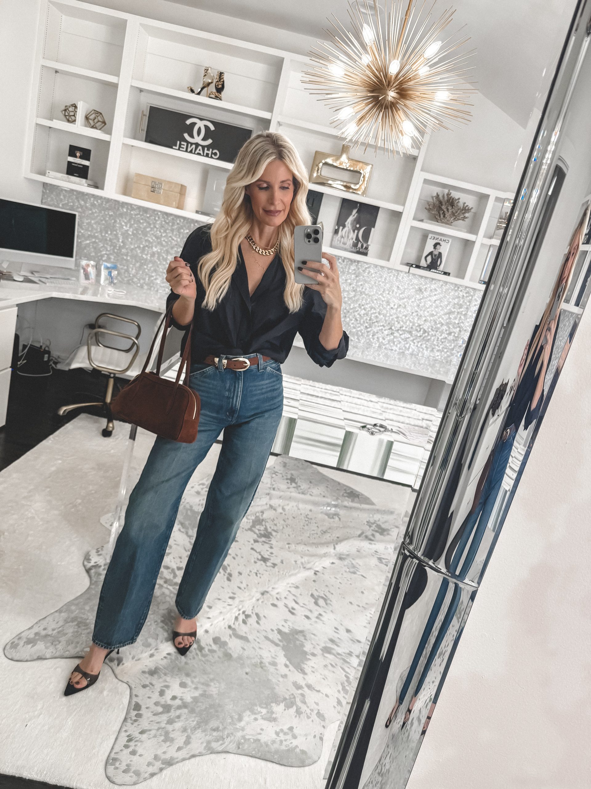 Over 40 fashion blogger from Dallas wearing a button down as one of the 12 wardrobe staples every woman needs.