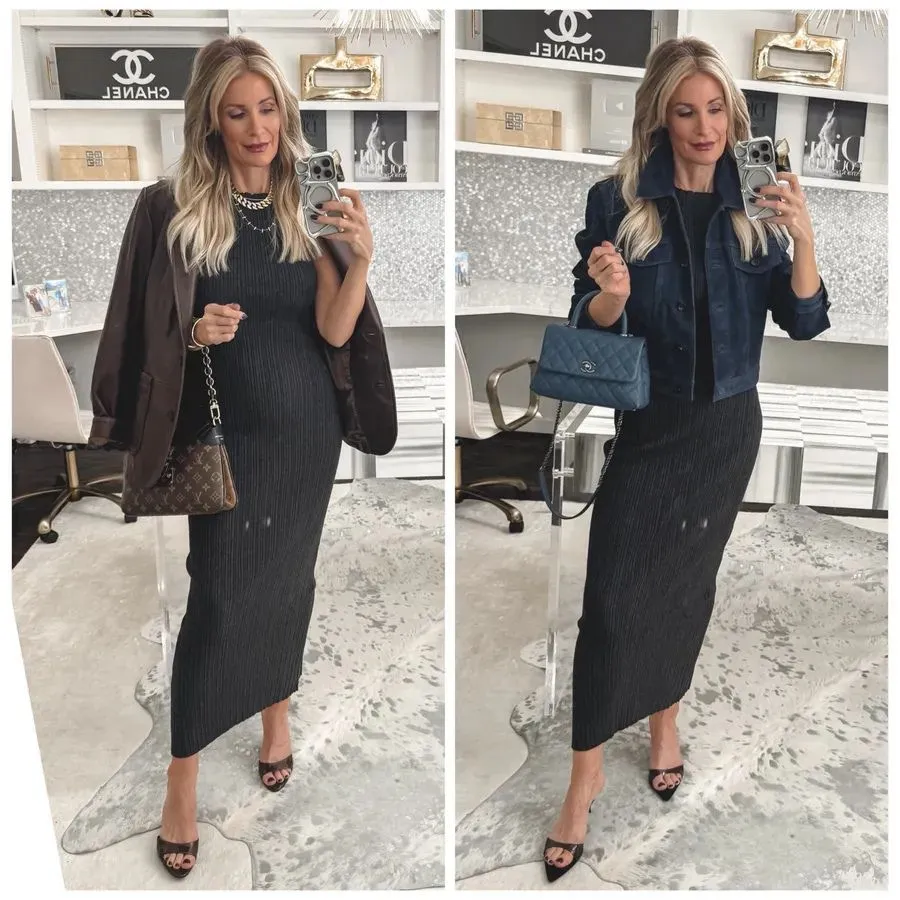 Over 40 fashion blogger wearing a knit midi dress instead of a tunic dress which is one of the 5 Spring Dress Trends Out of Style 2026.