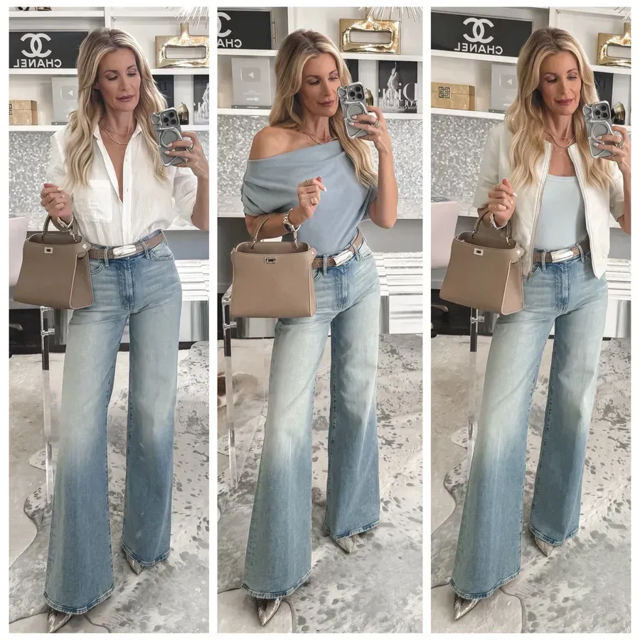 Dallas fashion blogger wearing mother jeans styled 3 ways as 3 examples of classy spring outfits over 40.
