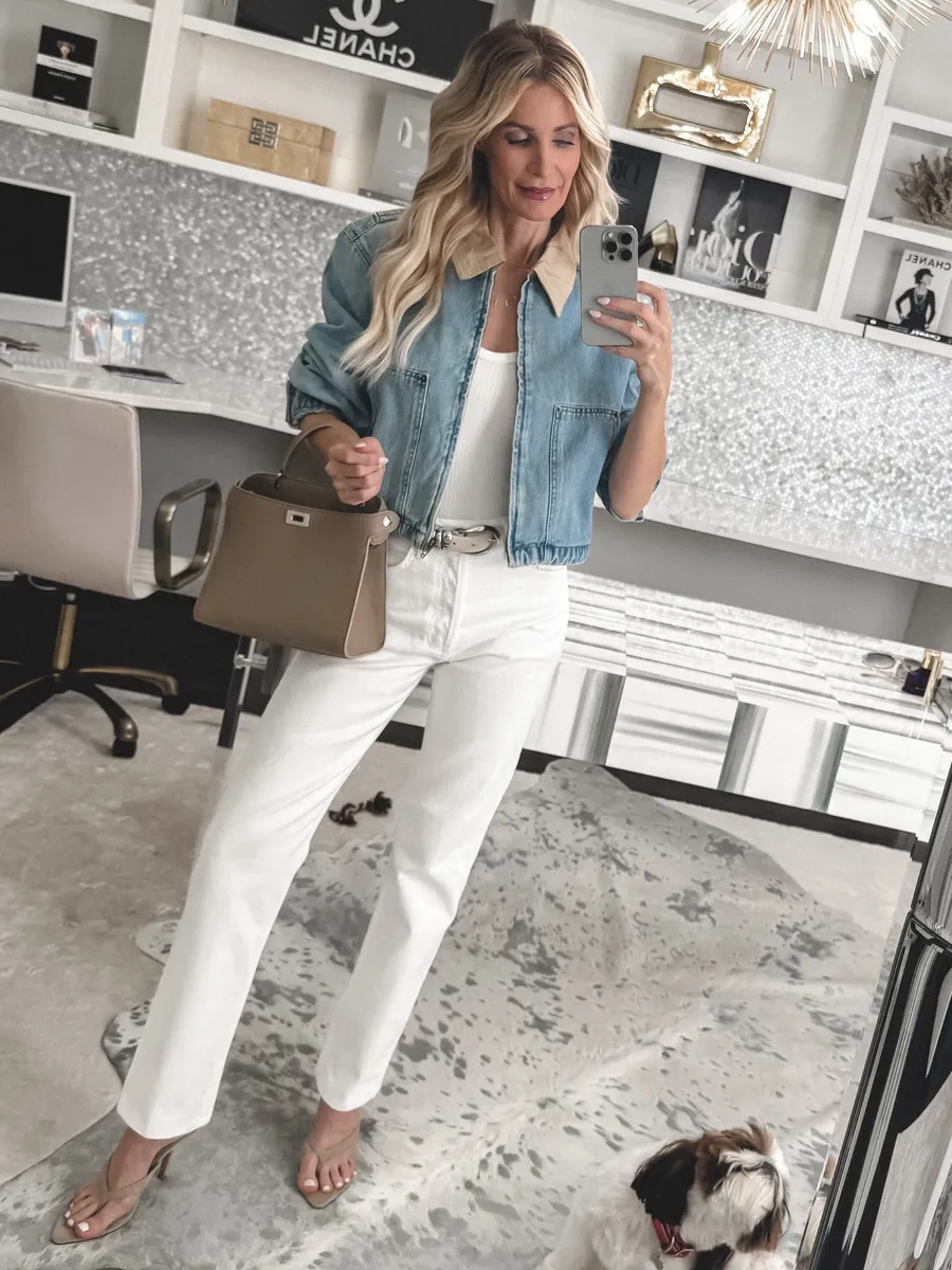 Over 40 fashion influencer showcasing a clean denim jacket as one of 2026 Spring Fashion Trends.