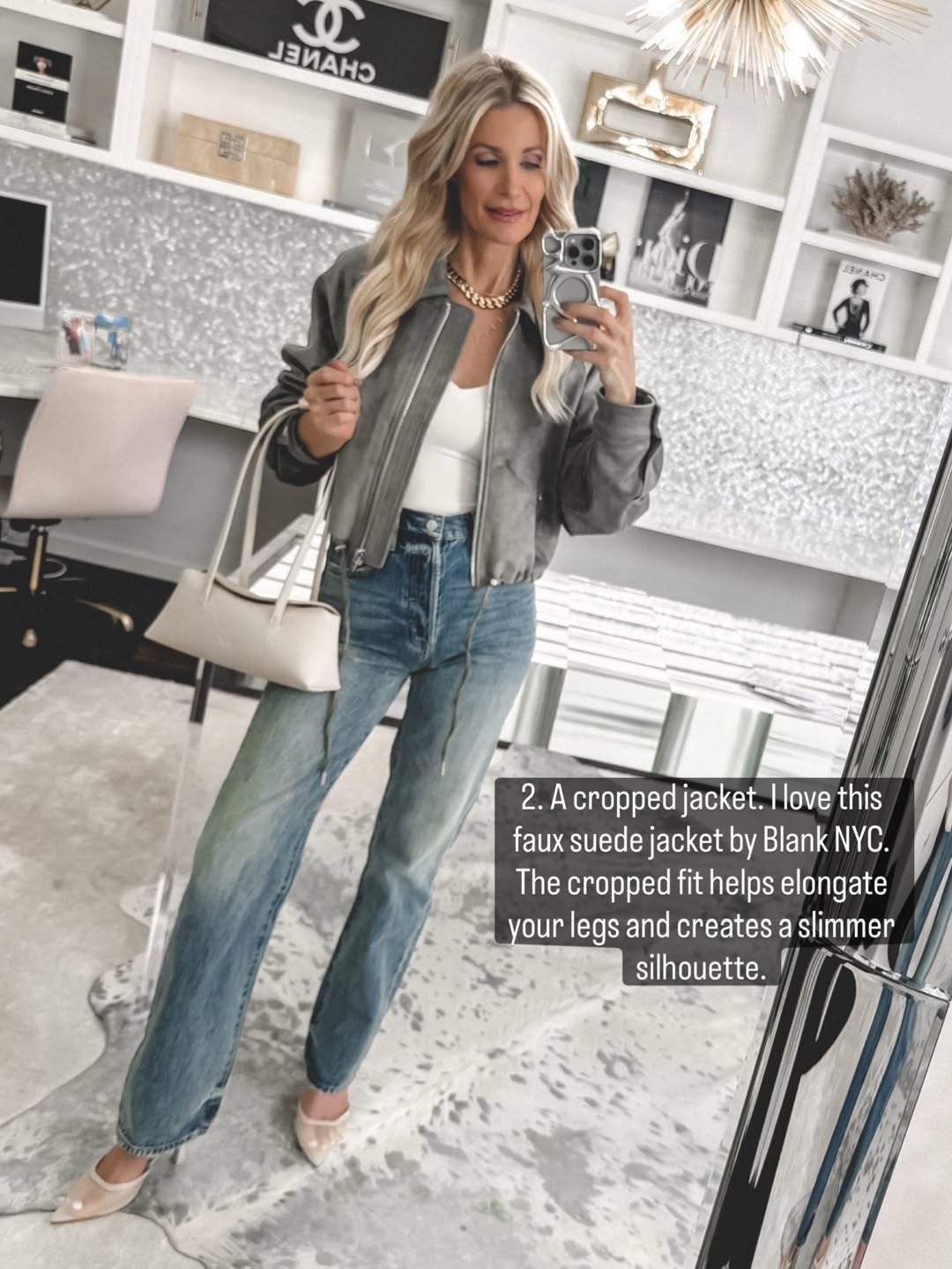 Dallas fashion blogger wearing a cropped suede jacket as a style to look younger over 40.