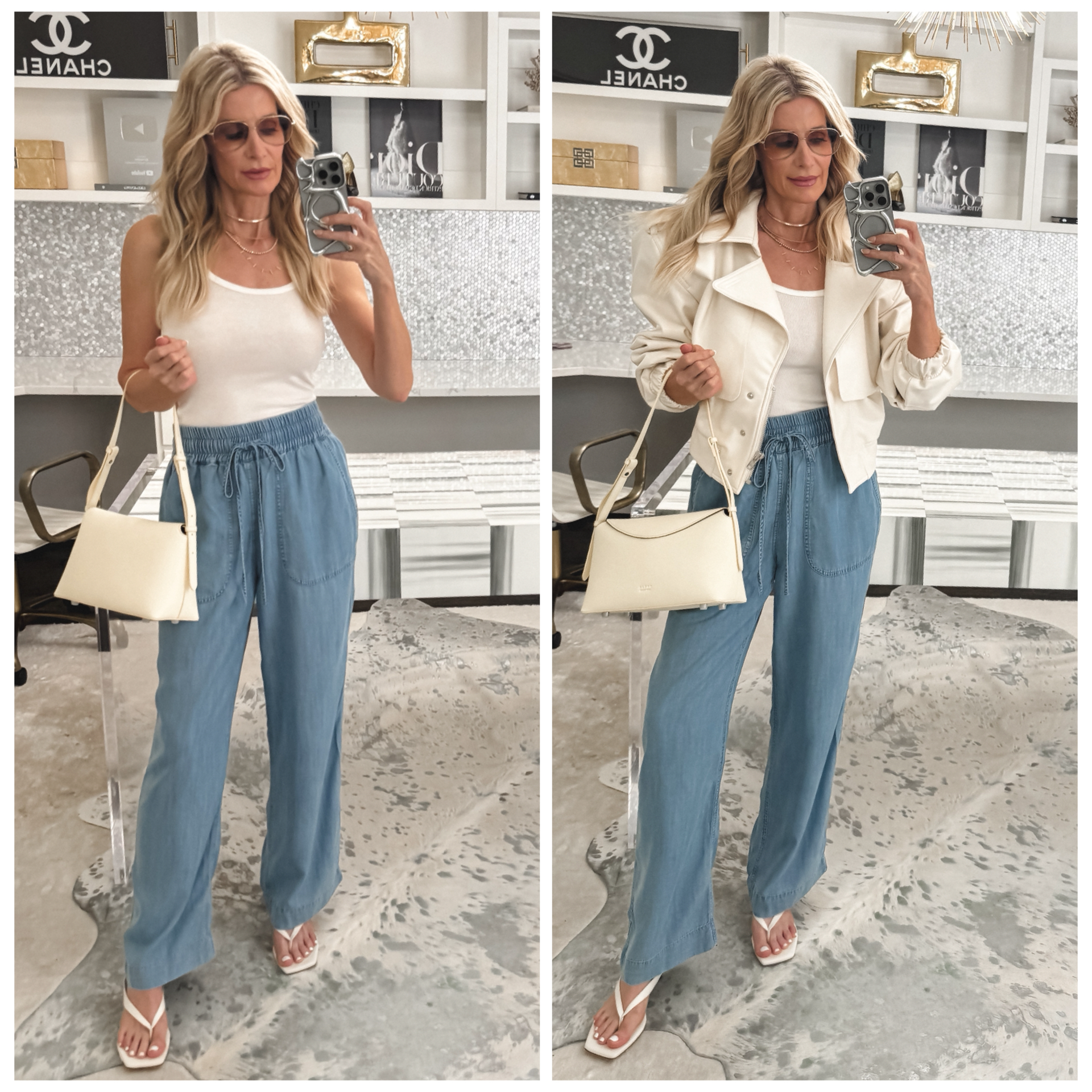 Dallas fashion blogger wearing chambray pants with an ivory tank and designer inspired jacket.