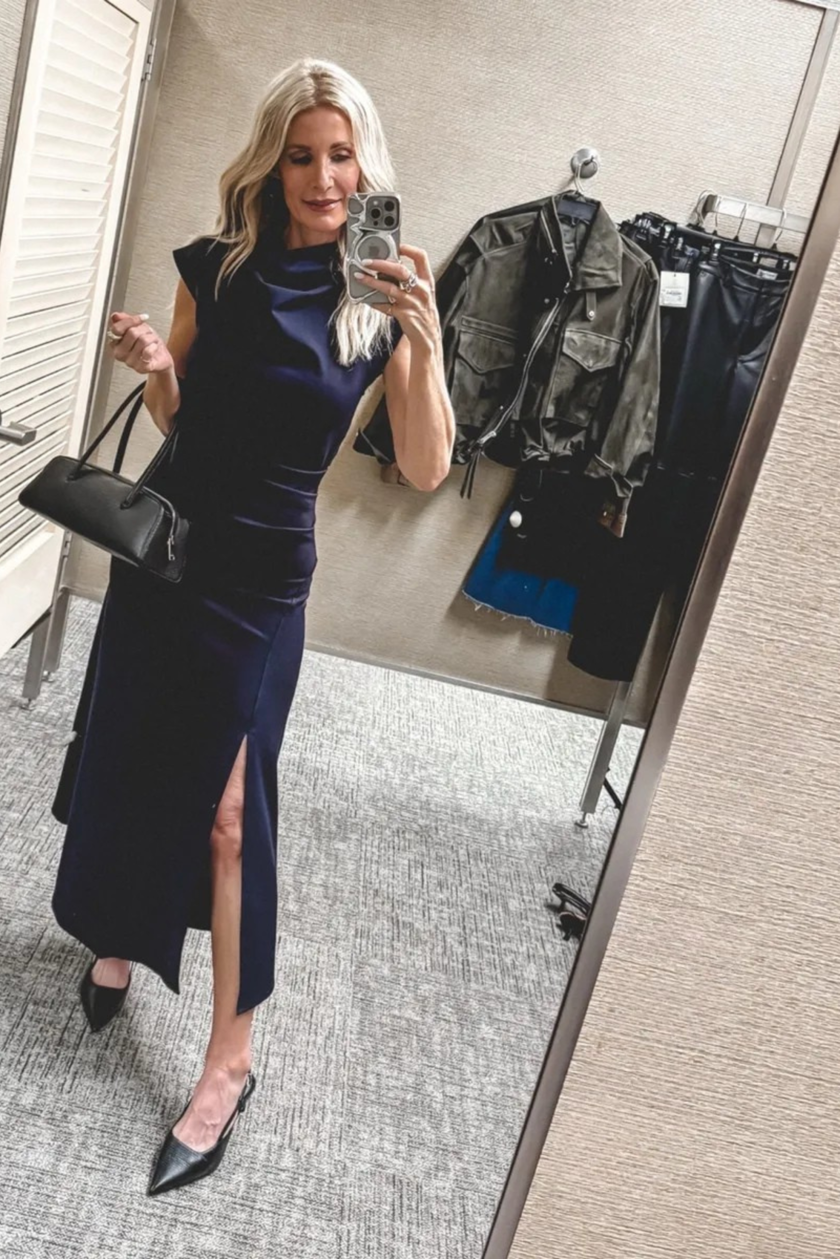 Fashion blogger for women over 40 from Dallas wearing a navy cap sleeve dress with black croc embossed heels as one of 10 Nordstrom Anniversary Sale Outfits.