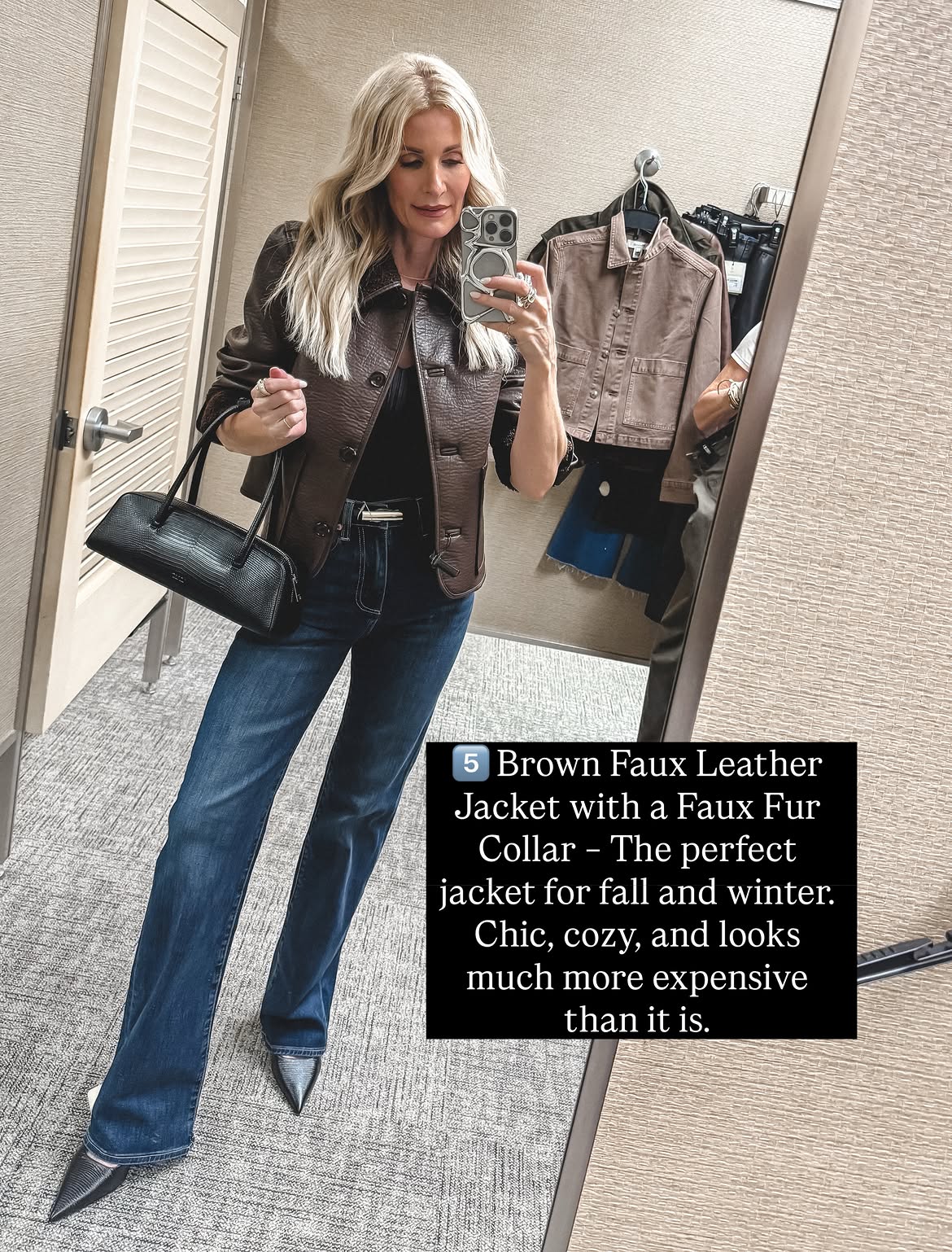 Over 40 fashion icon wearing a sherpa lined leather jacket with wide leg jeans and leather heels.