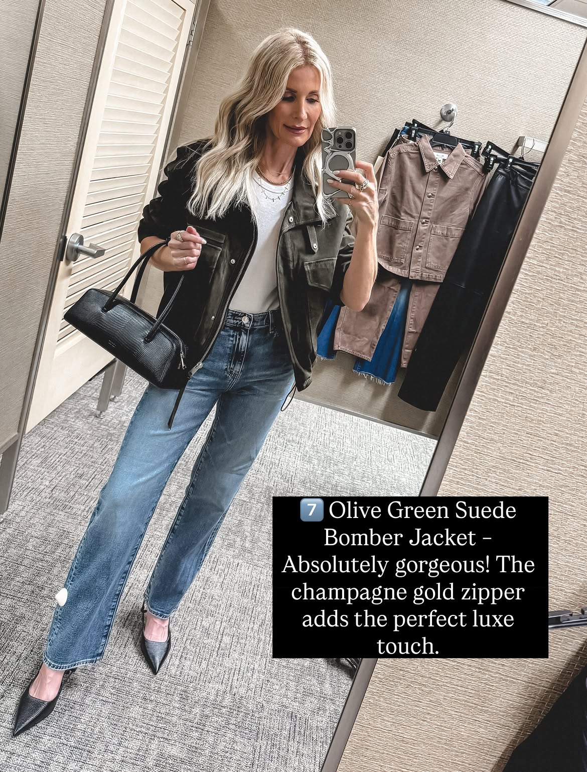 Dallas fashion blogger wearing a olive green suede jacket with light wash jeans and lizard heels as one of 8 NSALE Jackets.