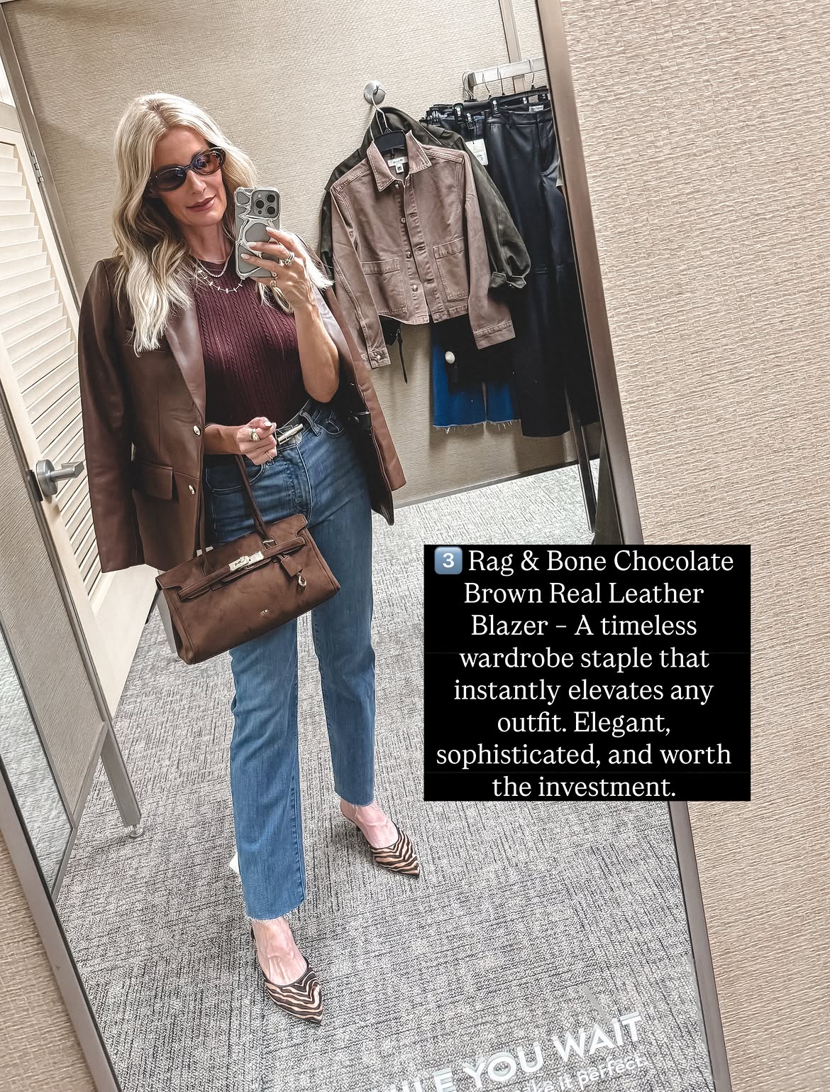 Fashion blogger for women over 40 wearing a dark brown leather blazer with straight leg jeans and zebra mules as one of 8 NSALE Jackets