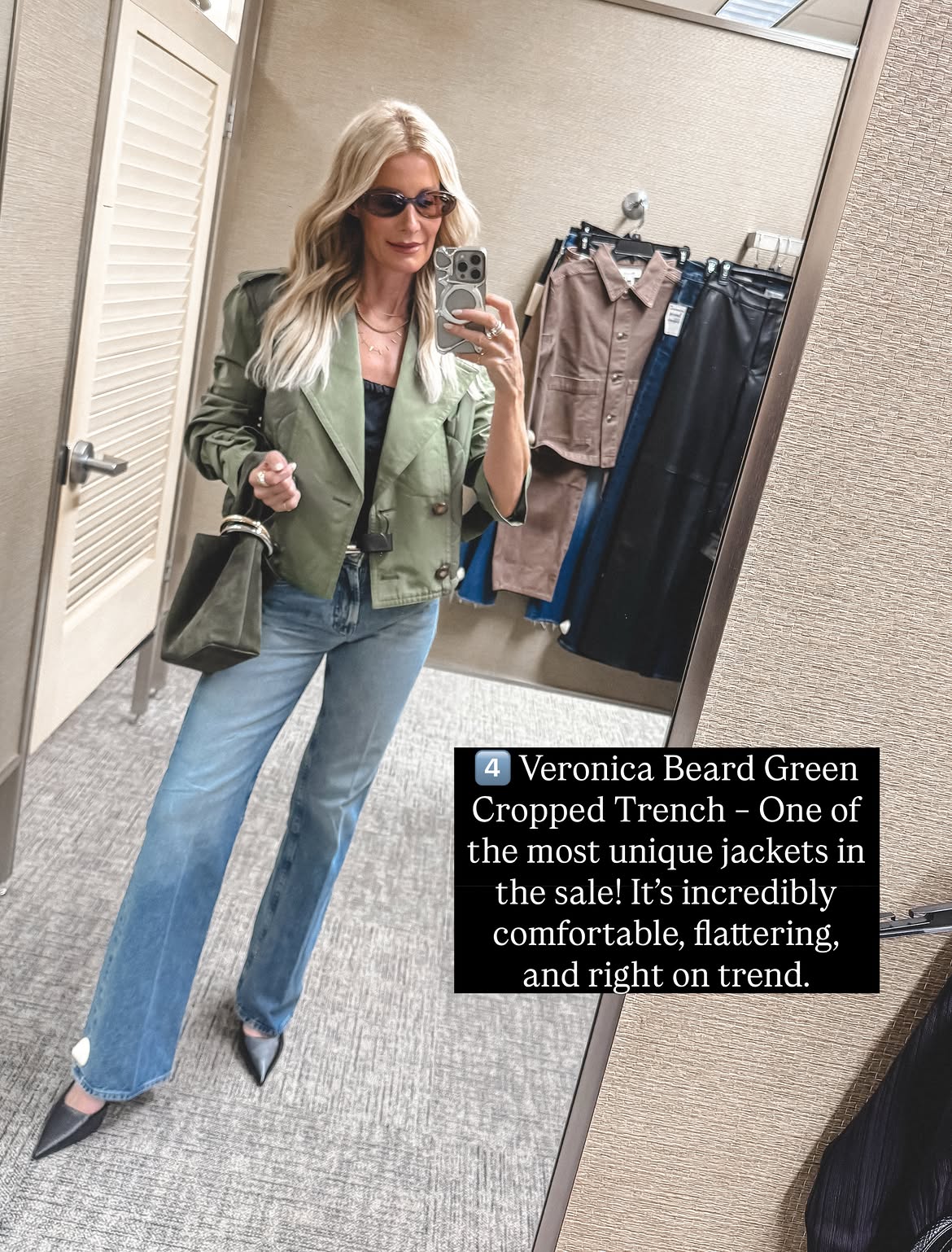 Over 40 influencer wearing a mixed media trench as one of the 8 hottest NSALE Jackets.