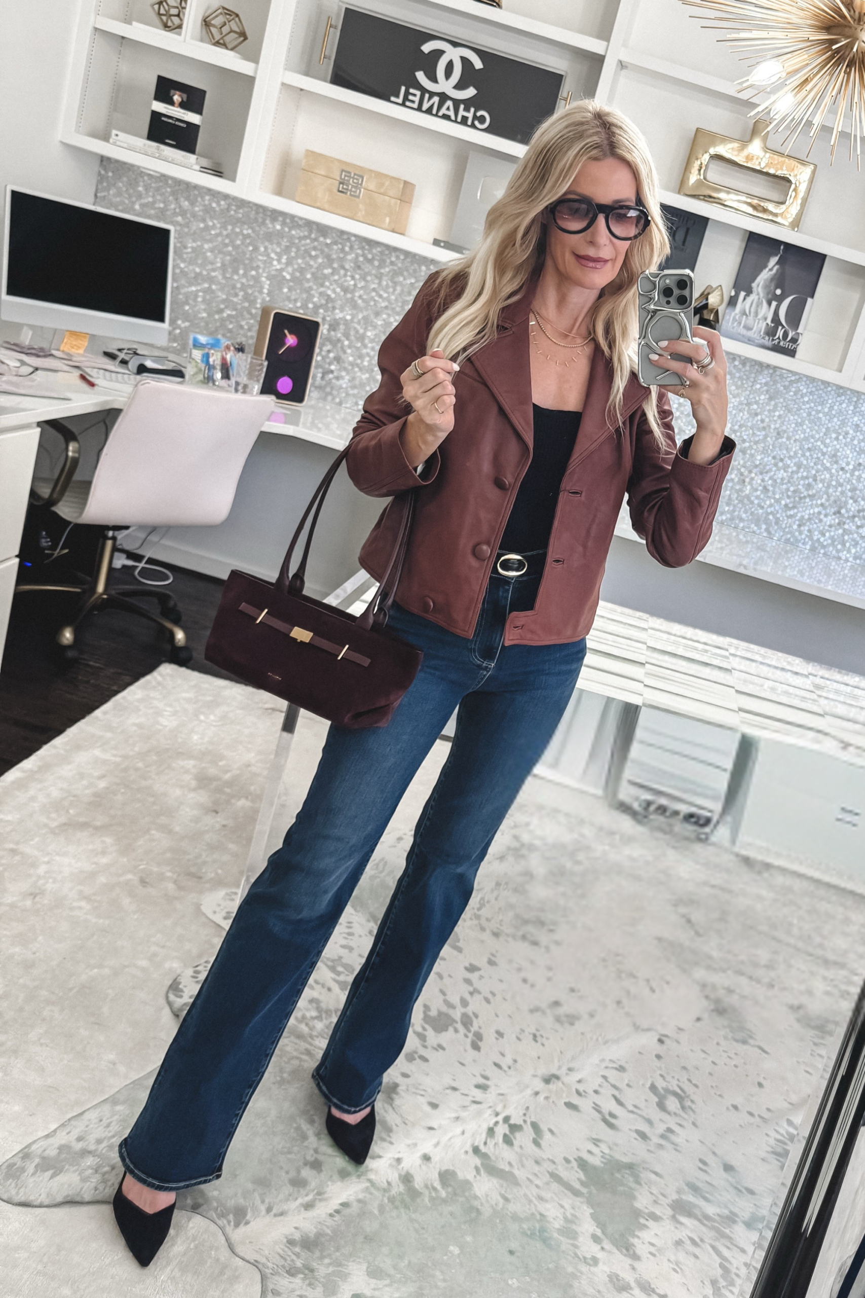 Dallas fashion blogger wearing a leather blazer with straight leg jeans as one of 10 NSALE Finds Still in Stock.