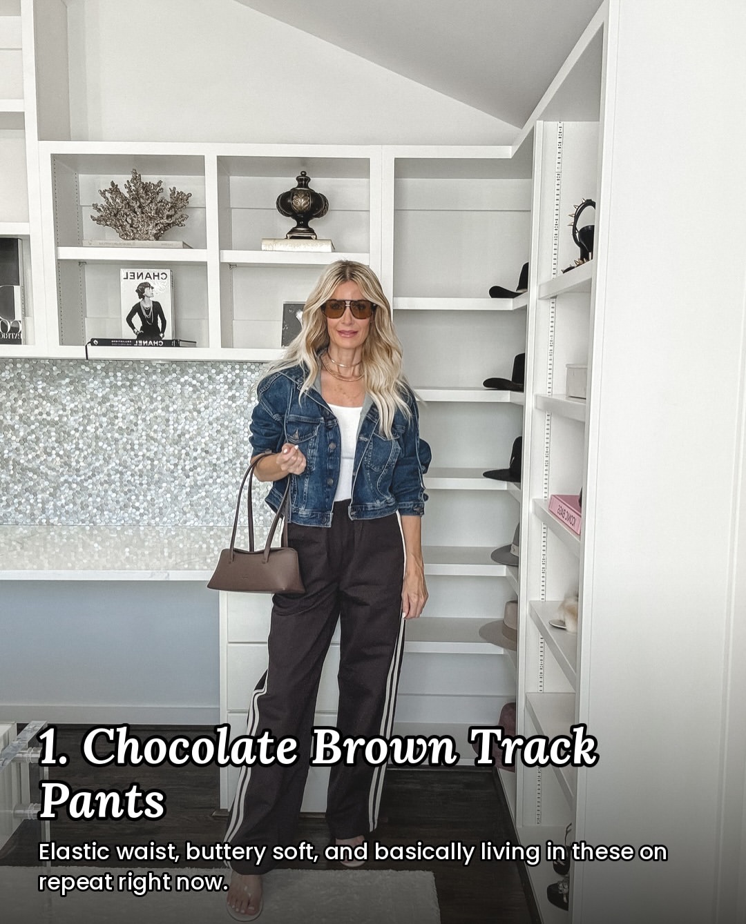Dallas fashion icon over 40 wearing a denim jacket and chocolate brown track pants as one of 10 casual fall outfits.