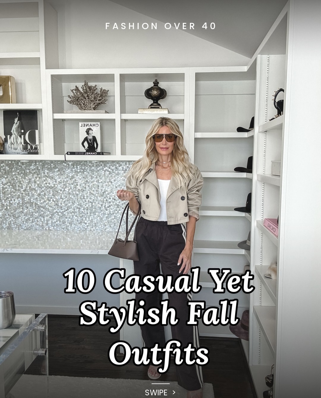 Fashion blogger over 40 wearing brown track pants with a cropped trench as one of 10 casual fall outfit.