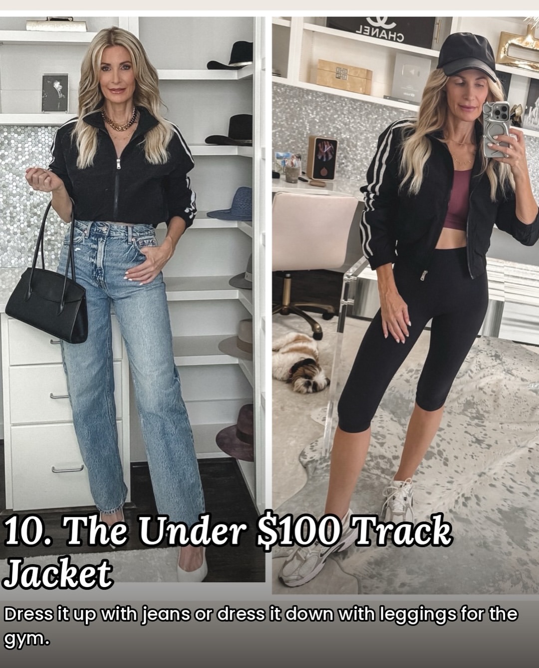 Dallas fashion blogger over 40 wearing a striped track jacket with jeans and capri pants.