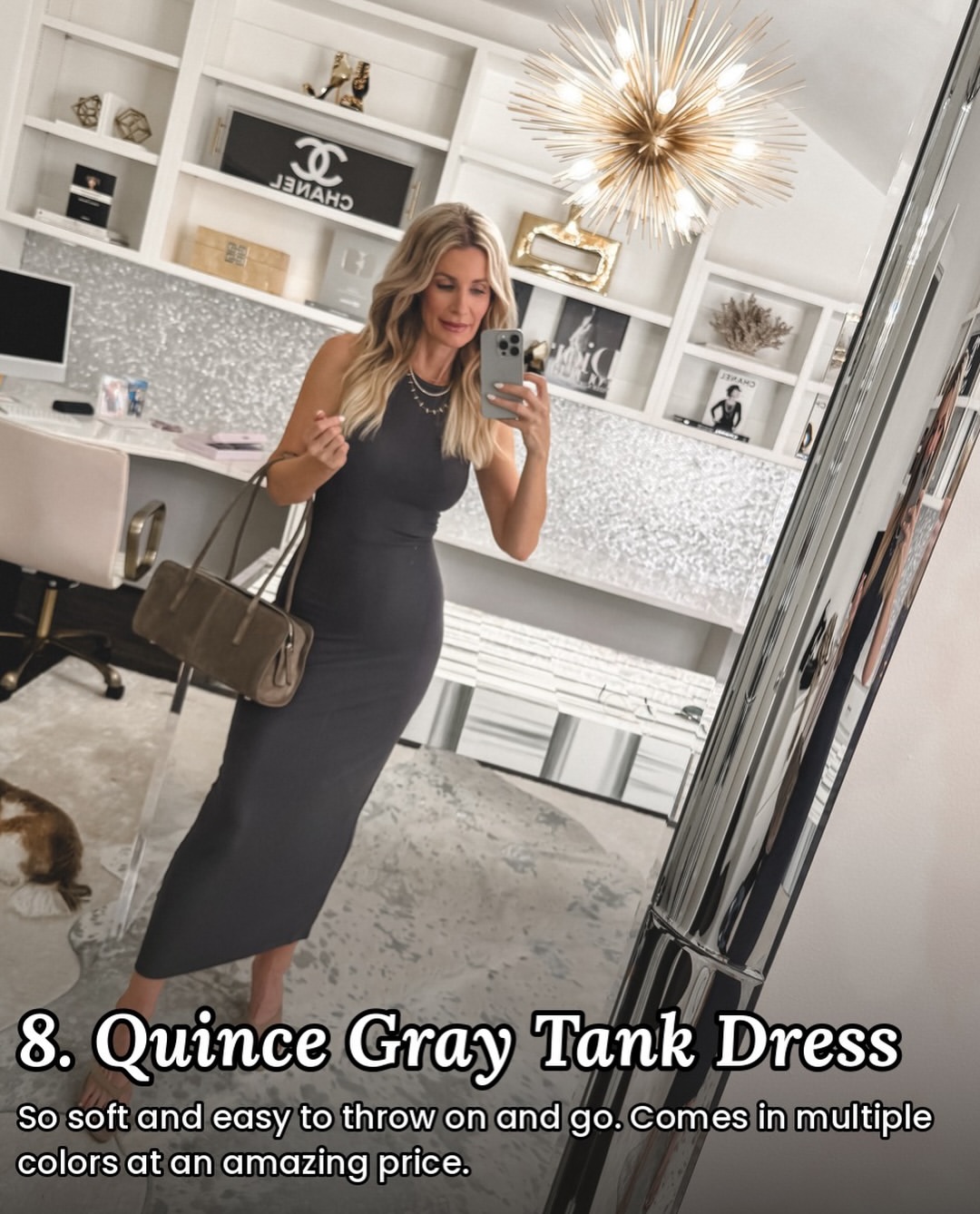 Fashion blogger for women over 40 wearing a gray tank dress with dove accesories.