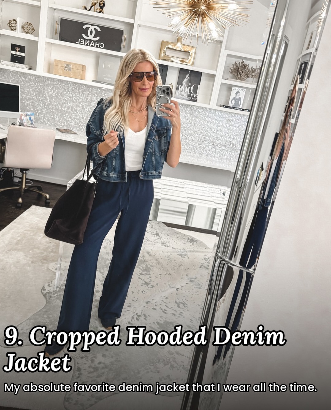 Over 40 fashion blogger wearing a denim jacket with loose pants as one of 10 casual fall outfits.