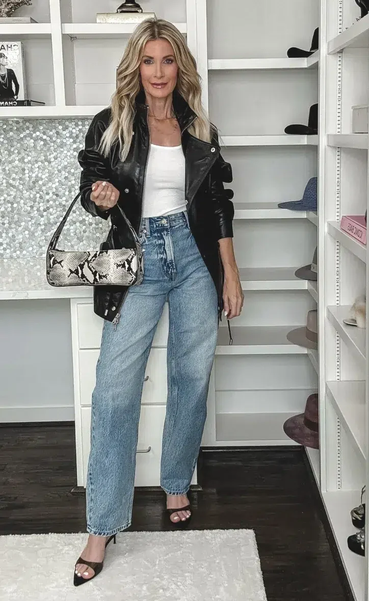 Dallas fashion blogger for women over 40 wearing a leather jacket with slim barrel jeans as one of the best 2026 fall fashion trends.