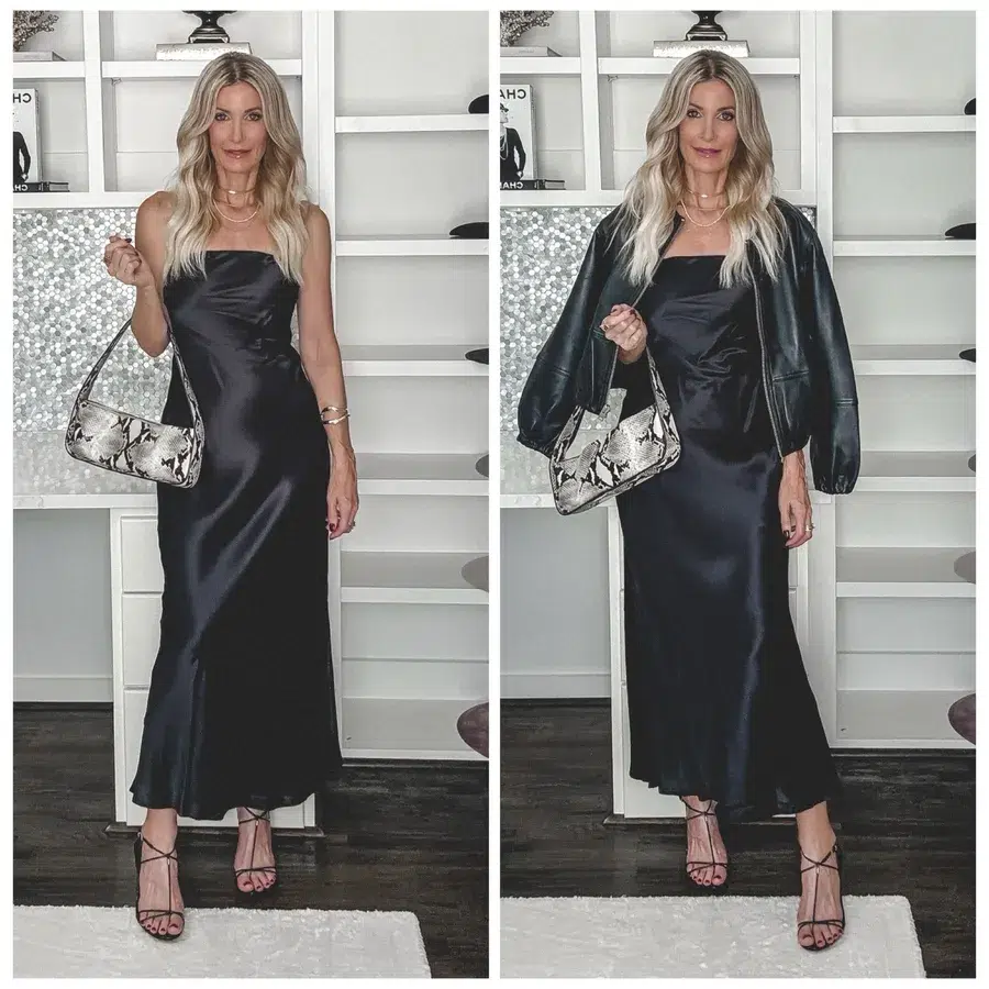 Fashion blogger for women over 40 styling a black washable silk strapless midi dress with strappy heels, a snake-print bag, and a cropped leather jacket as one of 7 fall outfits from Quince.