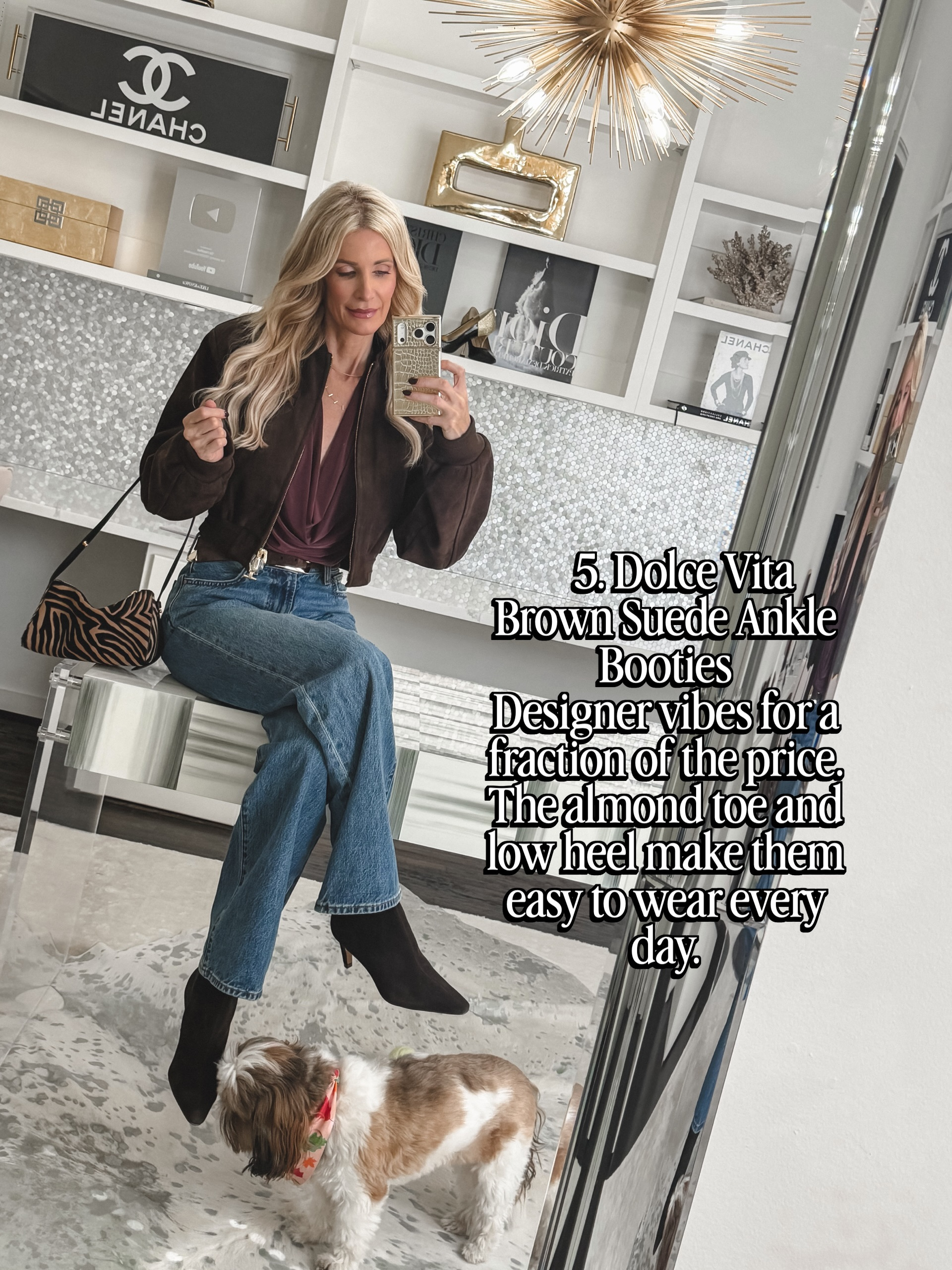 Dallas fashion blogger wearing the cutest brown suede boots with bootcut jeans and a bomber jacket.